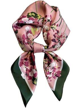 Women's Flower Green Pink Houndstooth Scarf Hair Digital Printed Headscarf Silk